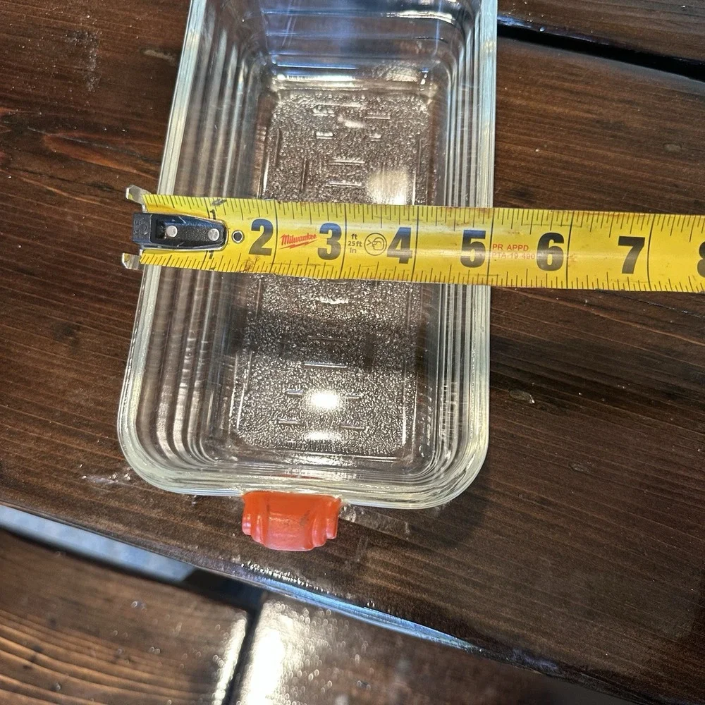 Vintage GLASBAKE #59 Clear Glass Loaf Pan Baking Dish Ornate Orange Handles USA